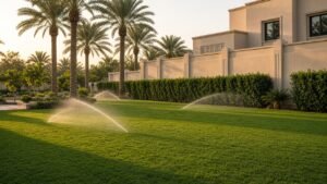 حديقة فيلا في الرياض يرويها رشاشات الري صباحًا في الصيف مع نخيل ومظلة حديد
