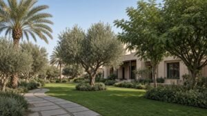 حديقة فيلا في الرياض بأشجار ظل وصف نخيل على السور وممر حجري