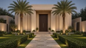 واجهة فيلا في الرياض بحديقة أمامية منسقة وممر حجري ونخيل وإضاءة أرضية